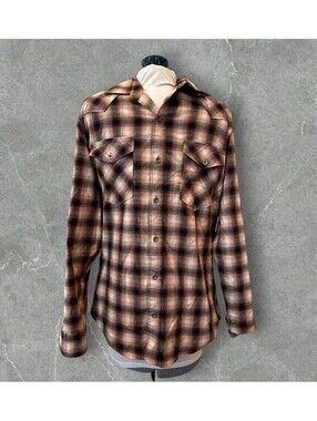 Wrangler Premium Men's Large Brown Plaid Button Up Long Sleeve Shirt 2 Pocket